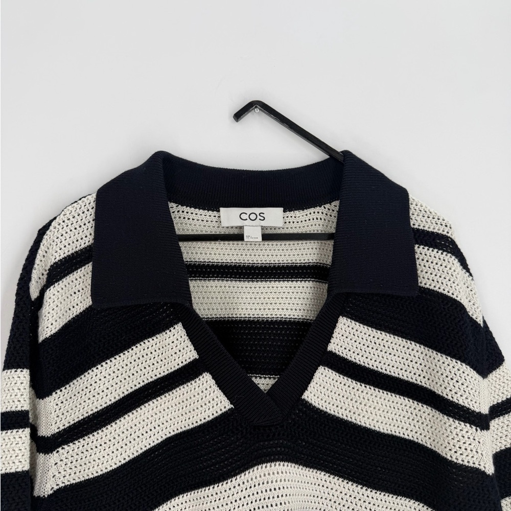 Cos Open Knit Polo Wool Blend Mini Dress In White Black Striped